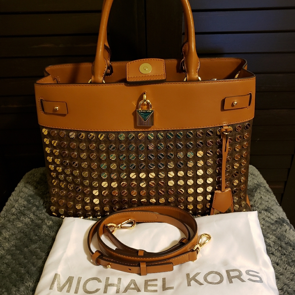 Gramercy Large Studded Logo and Leather Satchel